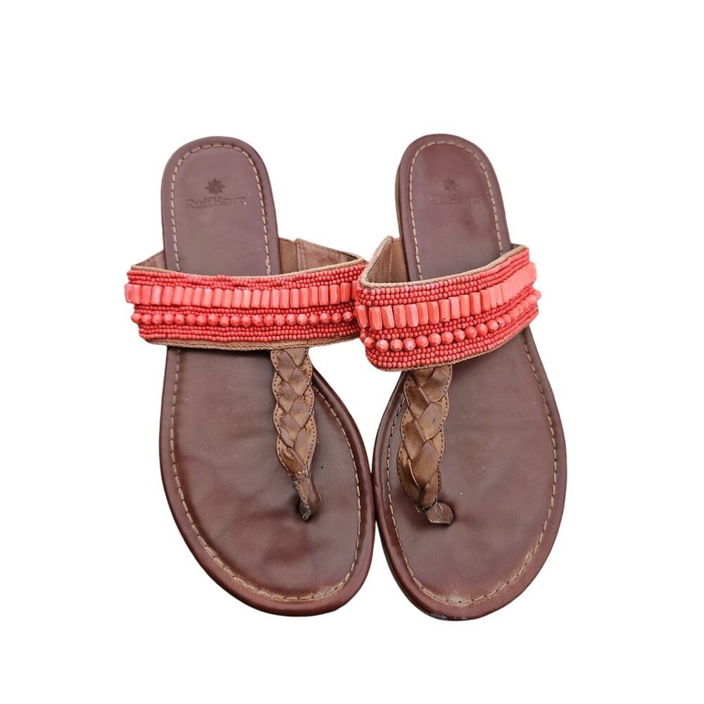 Ruff Hewn Sandals Womens 9.5 M Leather Slides Strappy Slip On Salmon Beads Braid